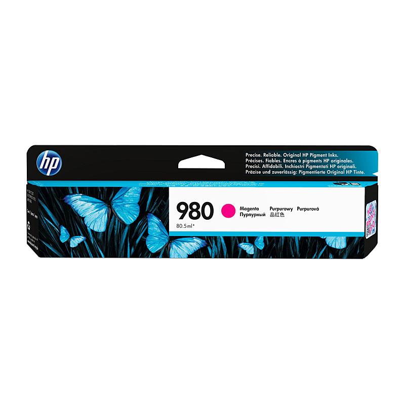 HP #980 Magenta Ink Cartridge D8J08A, vibrant magenta color, designed for HP OfficeJet printers.