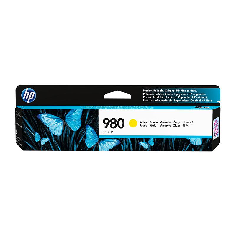 HP #980 Yellow Ink Cartridge D8J09A, a genuine ink cartridge designed for vibrant color printing, yielding up to 6,600 pages.