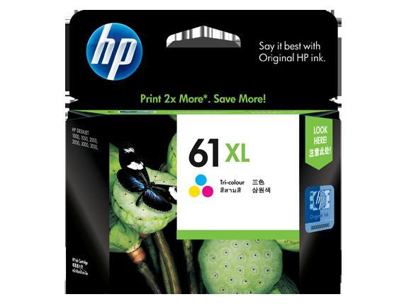 HP No 61XL TriColour Ink Cartridge featuring cyan, magenta, and yellow colors, designed for high yield printing.