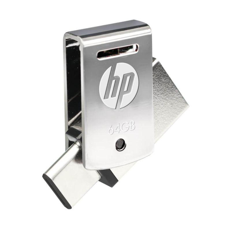 HP OTG X5000M 64GB USB flash drive with black logo, compact and portable design.