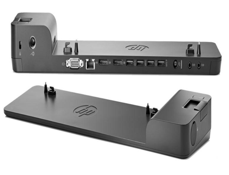 HP UltraSlim Docking Station with multiple ports including USB, DisplayPort, and VGA, designed for HP laptops.