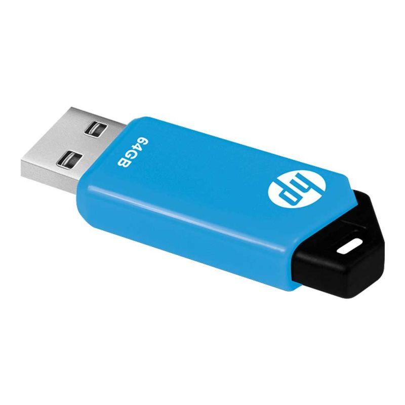 HP USB2.0 V150W 64GB flash drive with a sleek design, showcasing its compact size and USB connector.