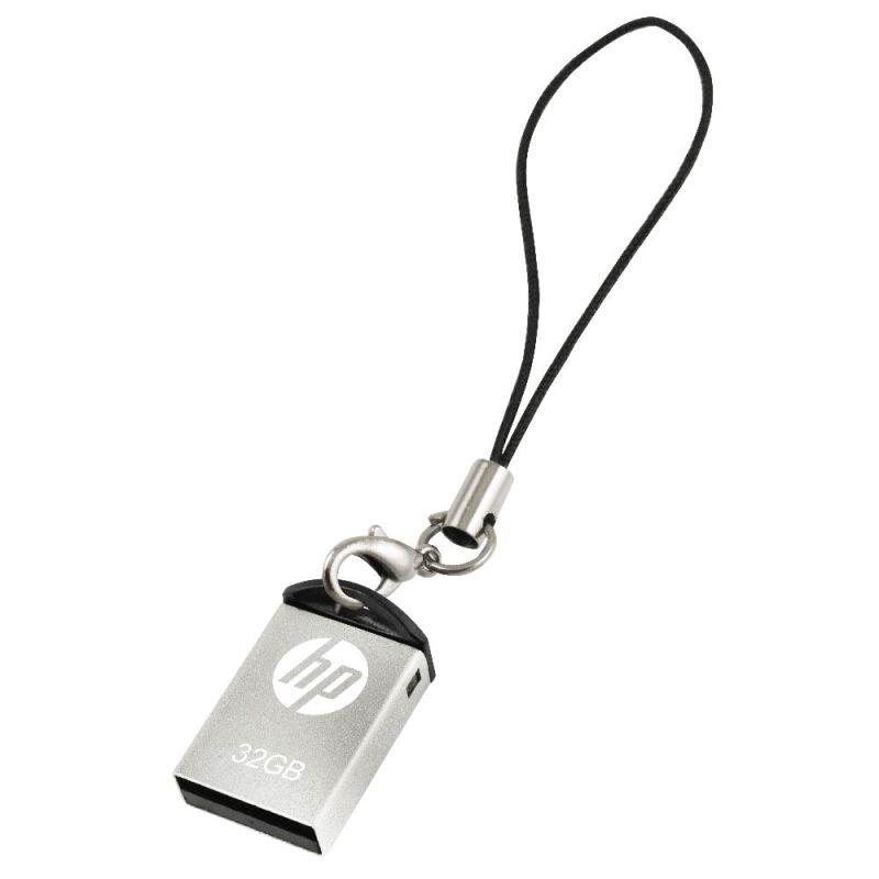 HP USB2.0 V222W 32GB flash drive in a sleek design, showcasing its compact size and USB connector.