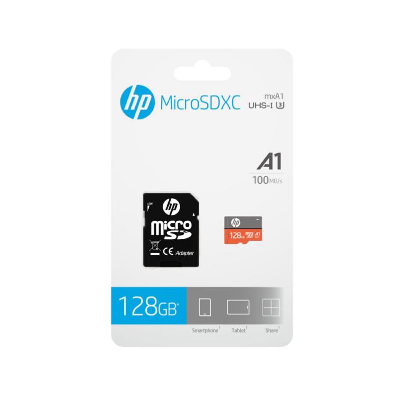 HP uSD mxA1 128GB microSD card with adapter, showcasing its compact design and storage capacity.