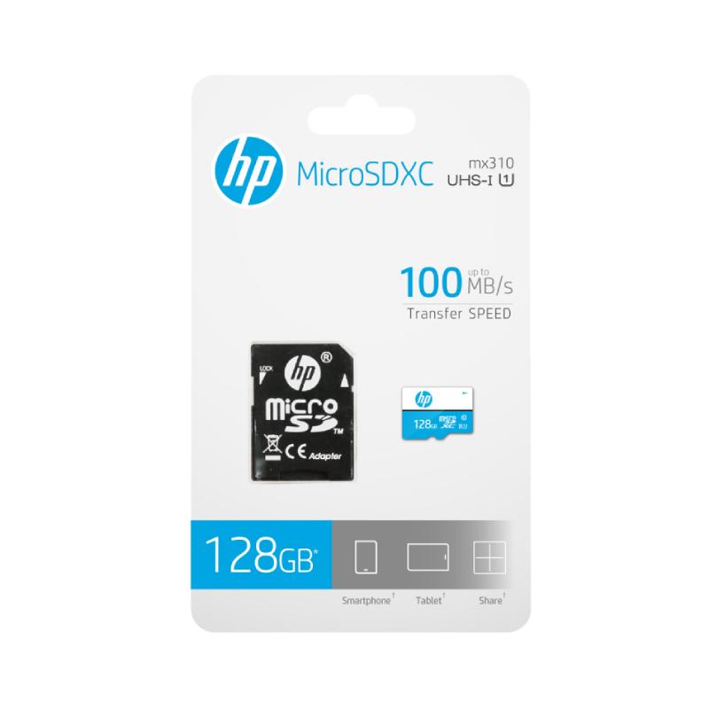 HP uSD U1 128GB microSD card with high-speed performance and durable design.