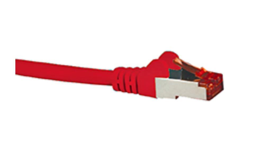 HYPERTEC CAT6A Shielded Cable 10m in red color, showcasing its robust design and connectors for high-speed Ethernet networking.