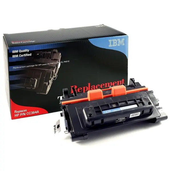 IBM Brand Replacement Toner for CC364A cartridge, designed for Laserjet P4015A series printers, showcasing its sleek design and packaging.