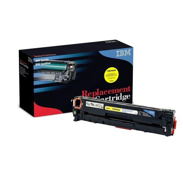 IBM Brand Replacement Toner for CB542A, yellow toner cartridge for LaserJet CP1215 and CM1312 MFP series, showcasing its design and features.