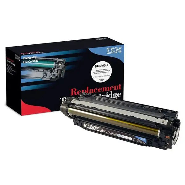 IBM Brand Replacement Toner CE250A cartridge, designed for Color LaserJet CP3525, showcasing its sleek design and packaging.