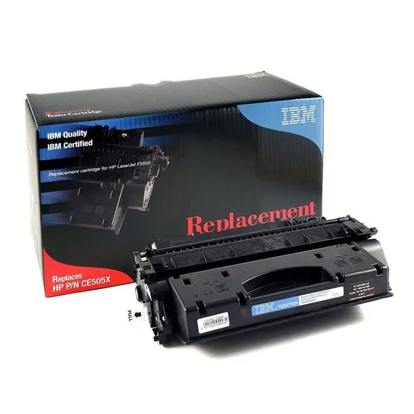 IBM Brand Replacement Toner for CE505X cartridge, designed for Laserjet P2055X series printers, showcasing its sleek design and quality.