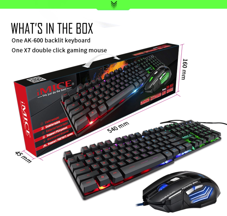 IMICE AN-300-X7 USB Wired Backlit Keyboard with RGB lighting and sleek black design, showcasing its keys and features.