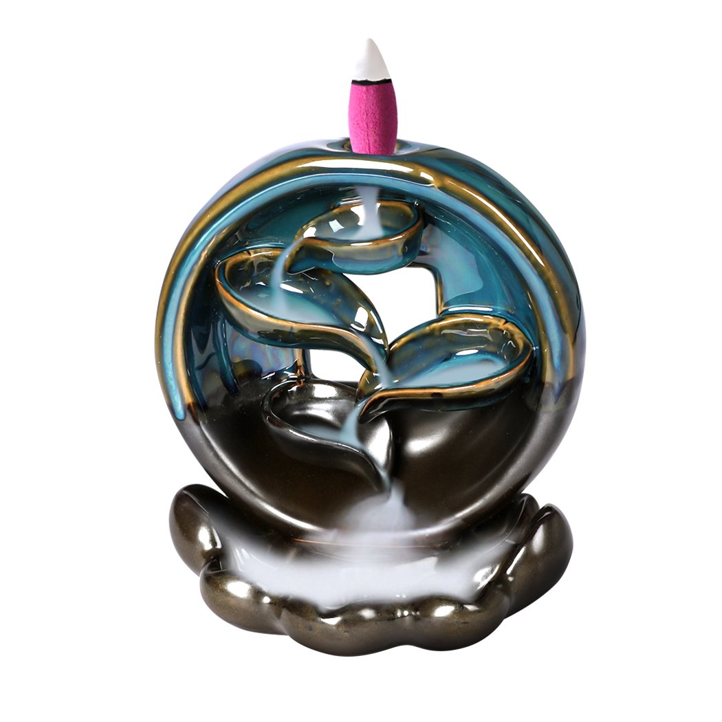 Ceramic incense burner with waterfall smoke effect, featuring a smooth blue finish and 10 natural incense cones.