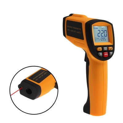 Infrared thermometer displaying temperature readings with a sleek design and digital display.