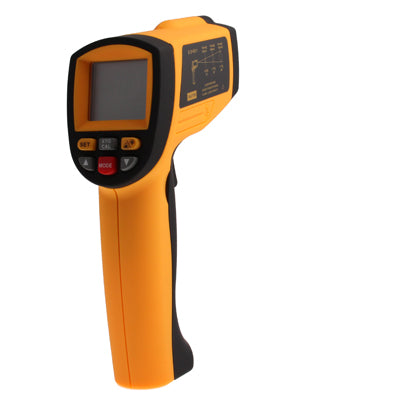 Infrared thermometer displaying temperature readings with a sleek design and digital display.