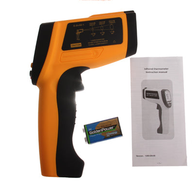 Infrared thermometer displaying temperature readings with a sleek design and digital display.