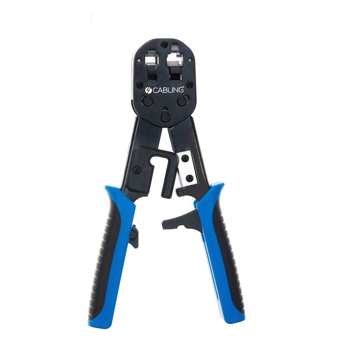 Insta Crimp Tool with built-in stripper and cutter, designed for RJ45 plugs, showcasing ergonomic design and precision crimping mechanism.