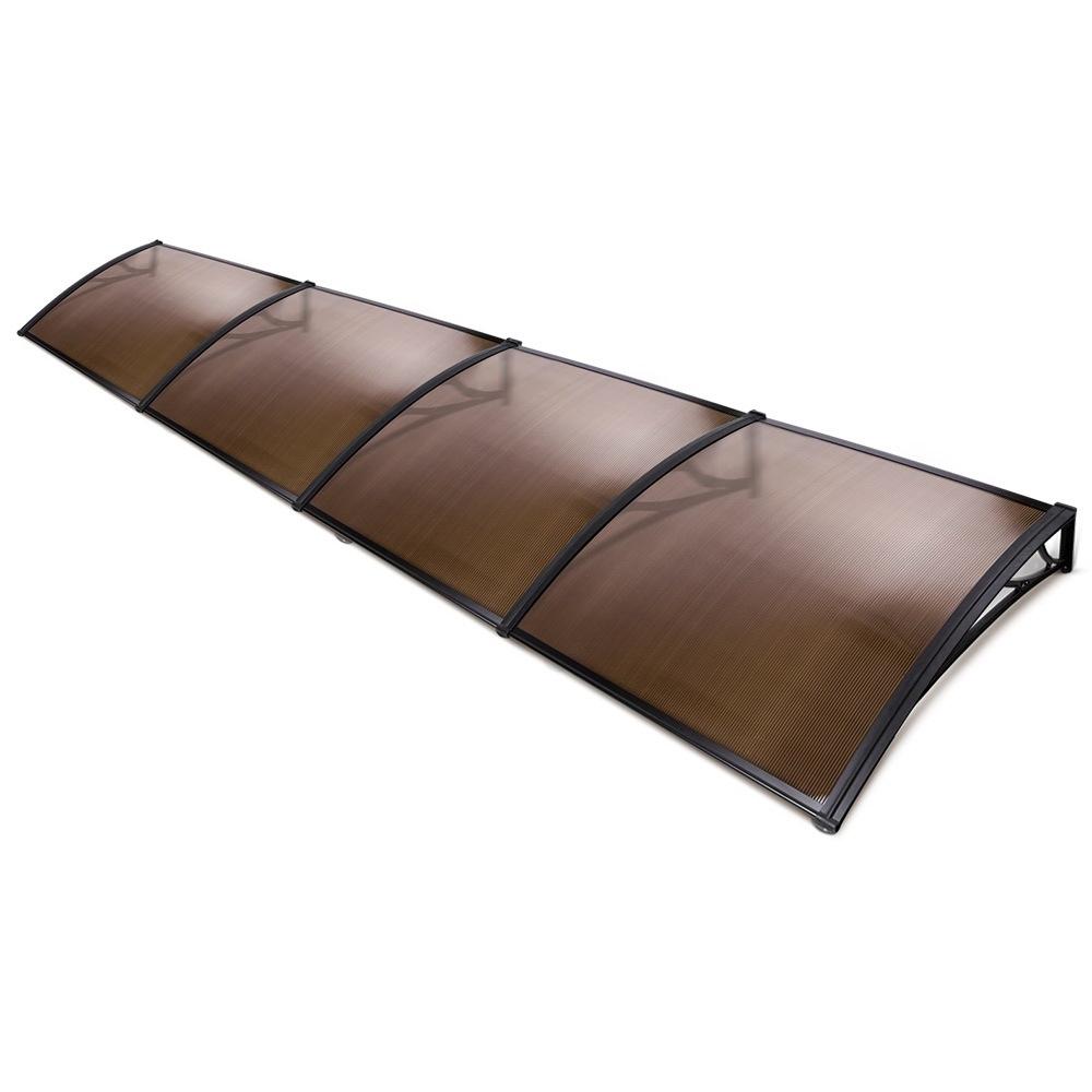 Instahut Window Door Awning in brown with black brackets, showcasing its modern design and durable polycarbonate panel.