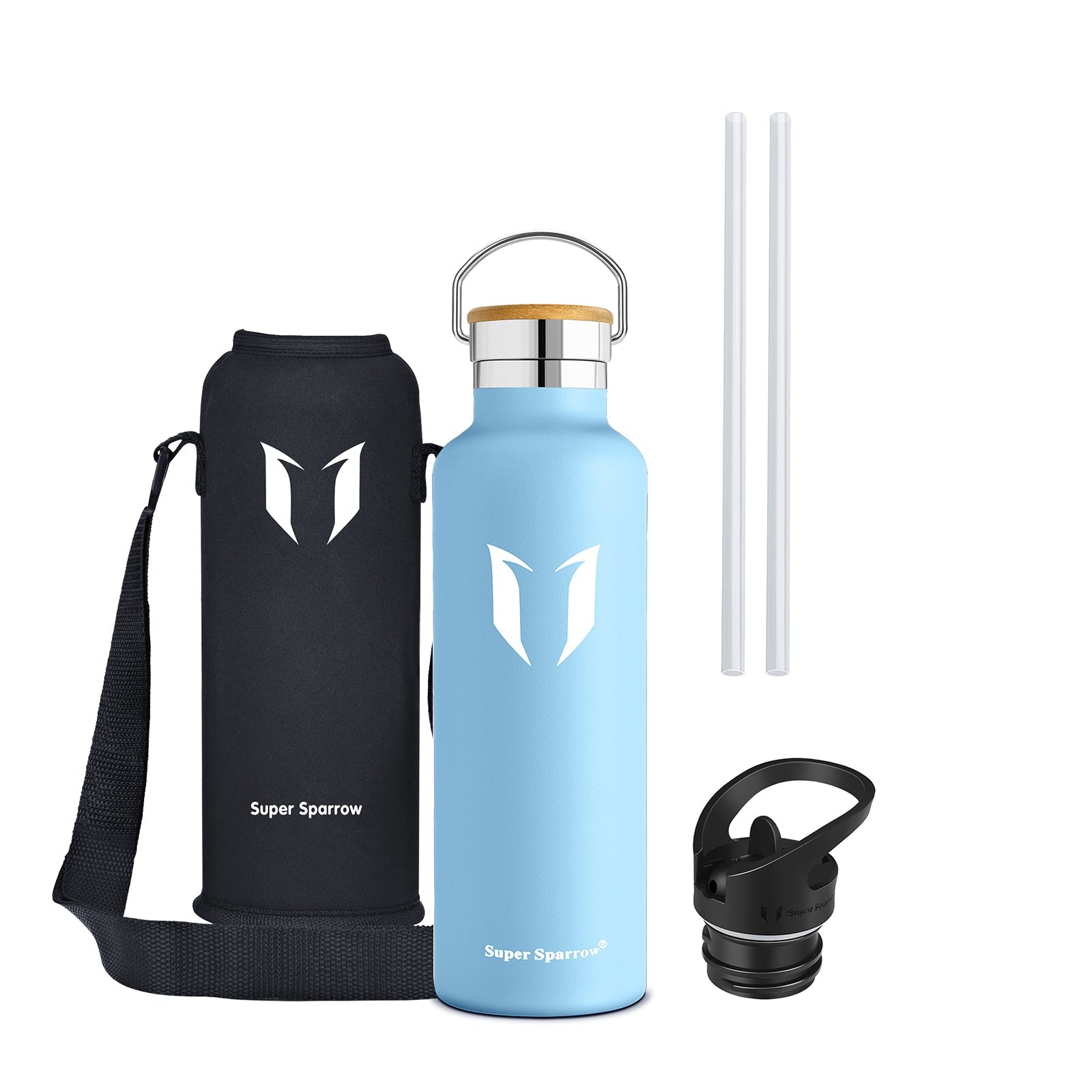 Insulated stainless steel water bottle in sleek design, showcasing two interchangeable caps and a durable finish, perfect for outdoor and gym use.