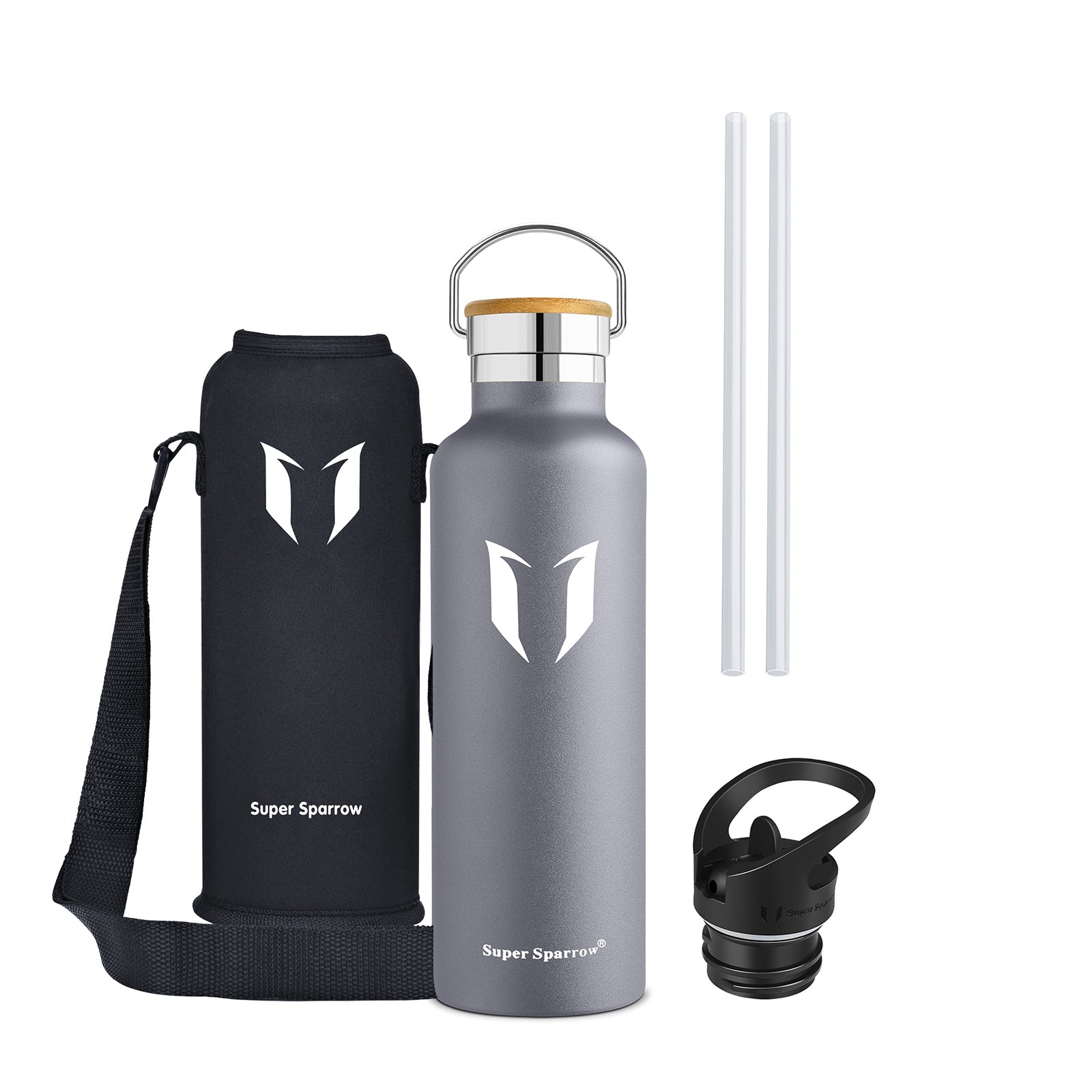 Insulated stainless steel water bottle in sleek design, showcasing two interchangeable caps and a durable finish, perfect for outdoor and gym use.