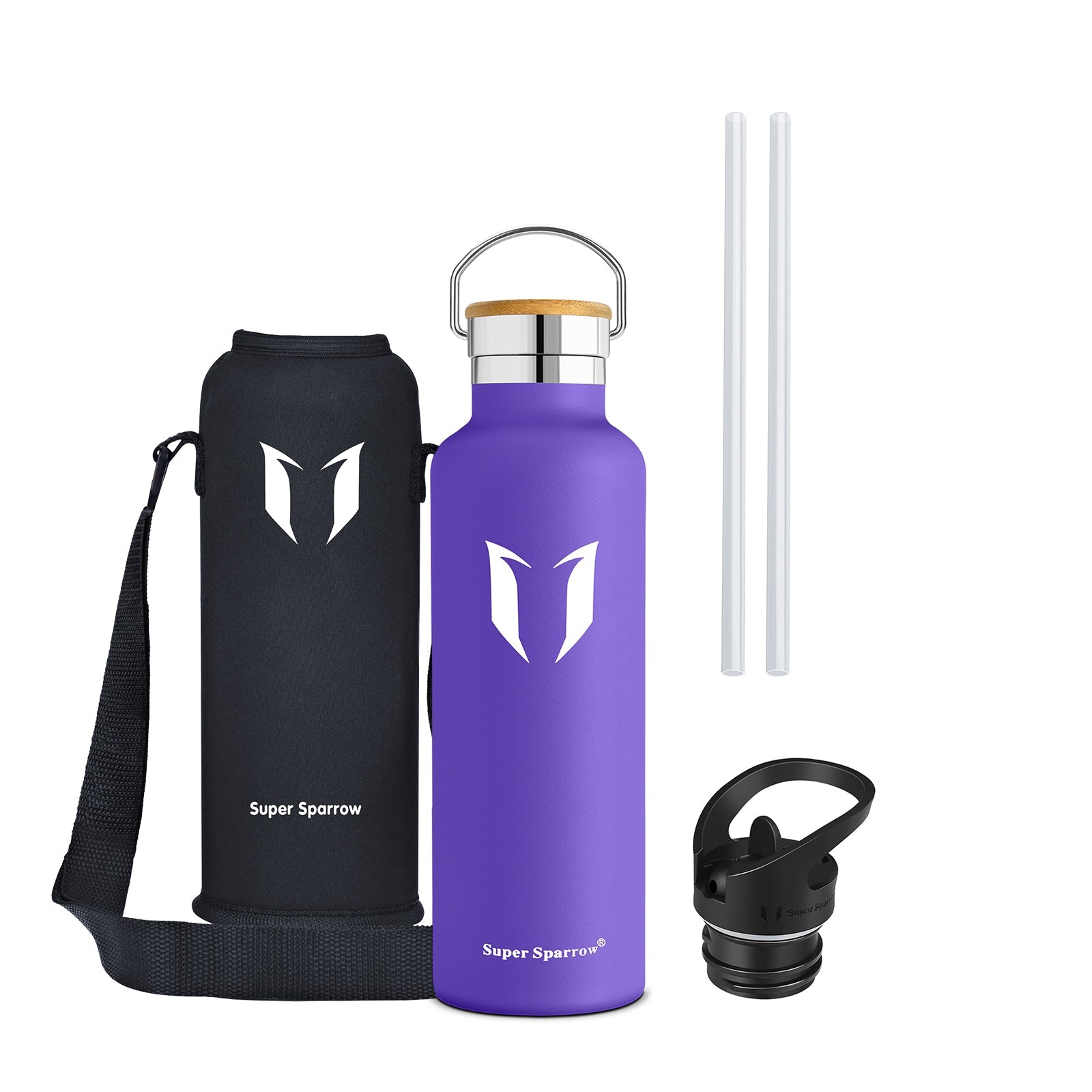 Insulated stainless steel water bottle in sleek design, showcasing two interchangeable caps and a durable finish, perfect for outdoor and gym use.