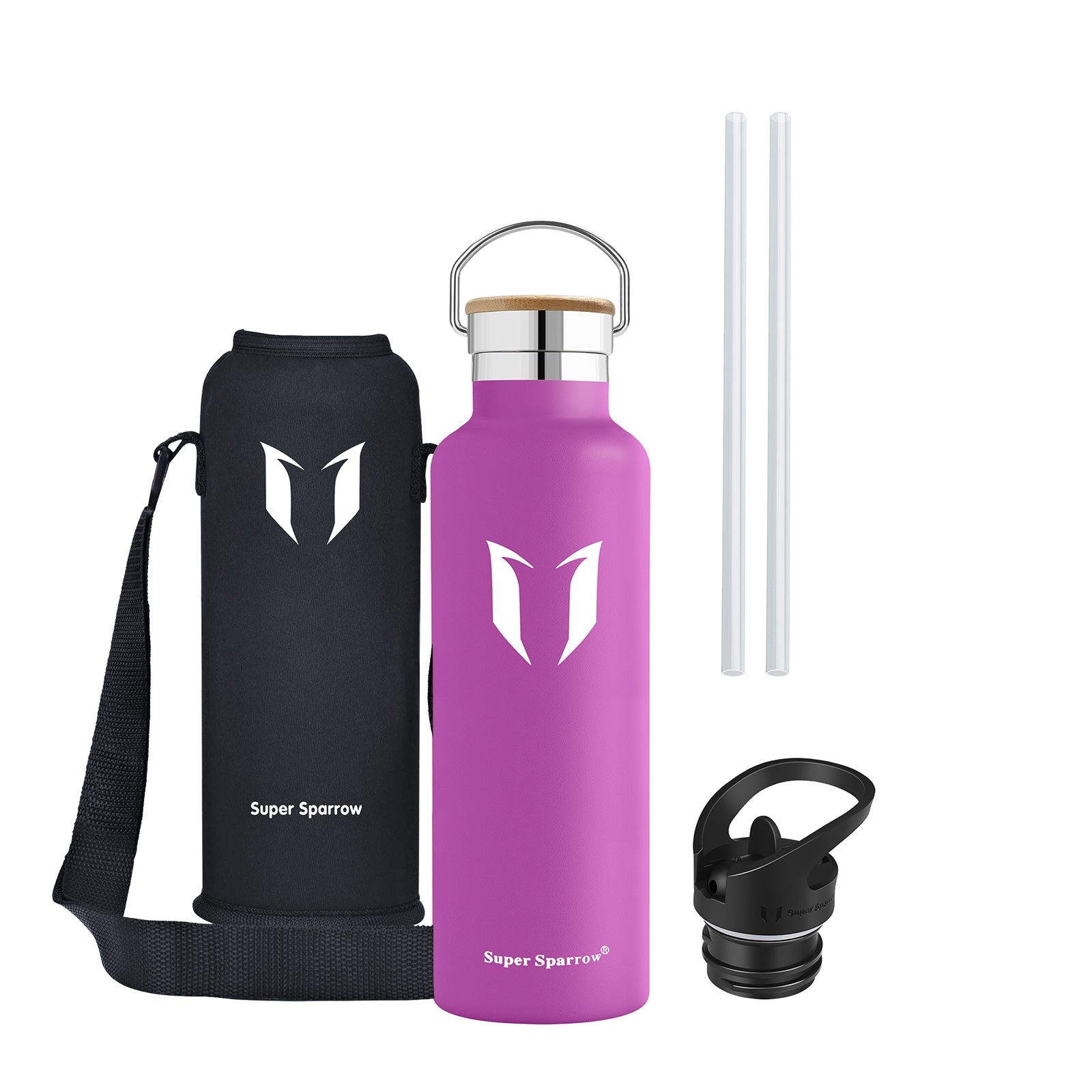 Insulated stainless steel water bottle in sleek design, showcasing two interchangeable caps and a durable finish, perfect for outdoor and gym use.