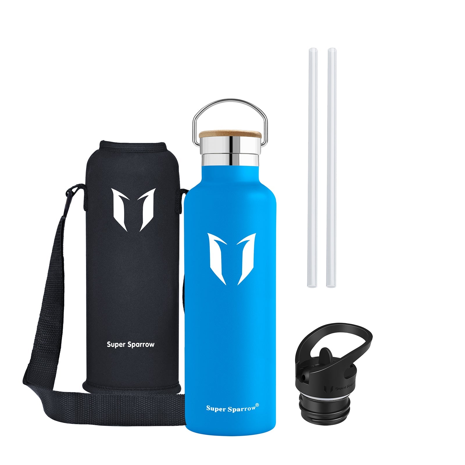 Insulated stainless steel water bottle in sleek design, showcasing two interchangeable caps and a durable finish, perfect for outdoor and gym use.