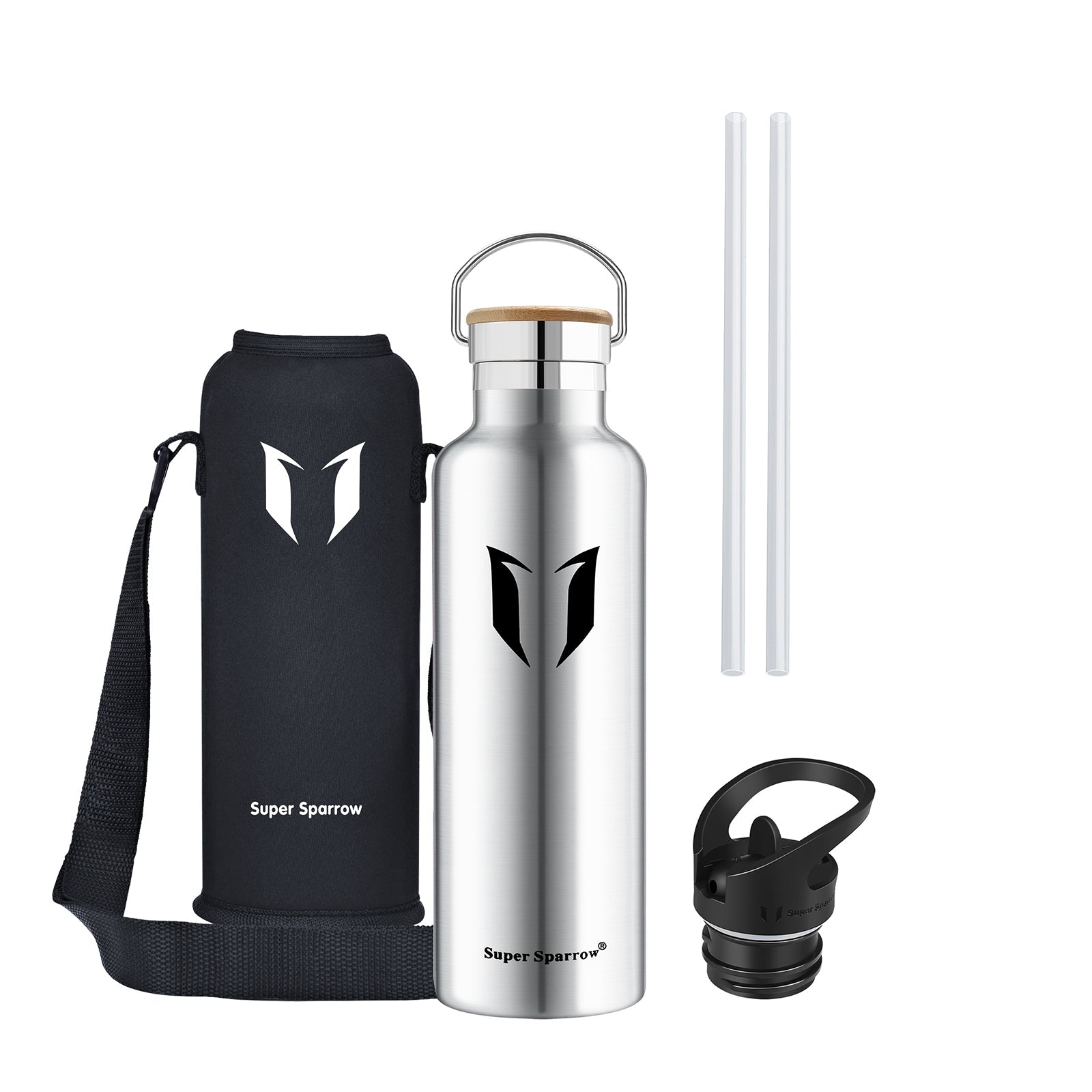 Insulated stainless steel water bottle in sleek design, showcasing two interchangeable caps and a durable finish, perfect for outdoor and gym use.