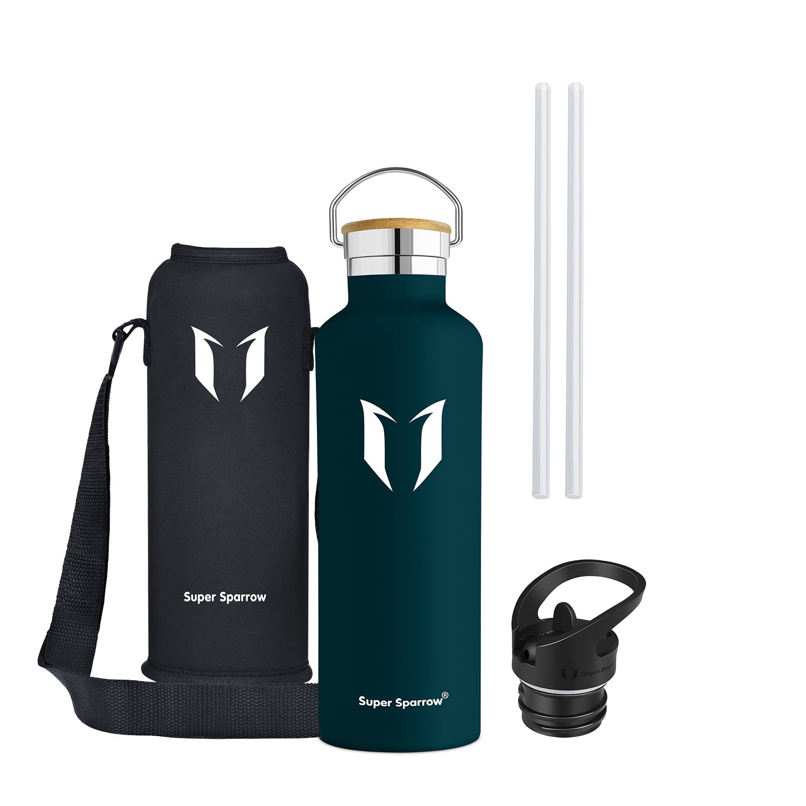 Insulated stainless steel water bottle in sleek design, showcasing two interchangeable caps and a durable finish, perfect for outdoor and gym use.