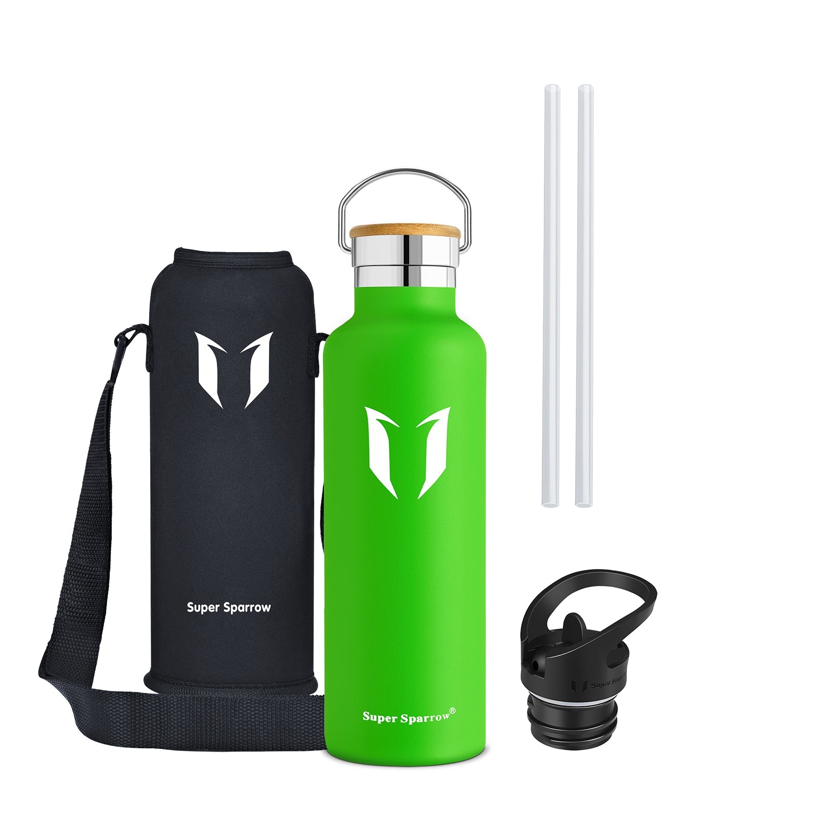 Insulated stainless steel water bottle in sleek design, showcasing two interchangeable caps and a durable finish, perfect for outdoor and gym use.