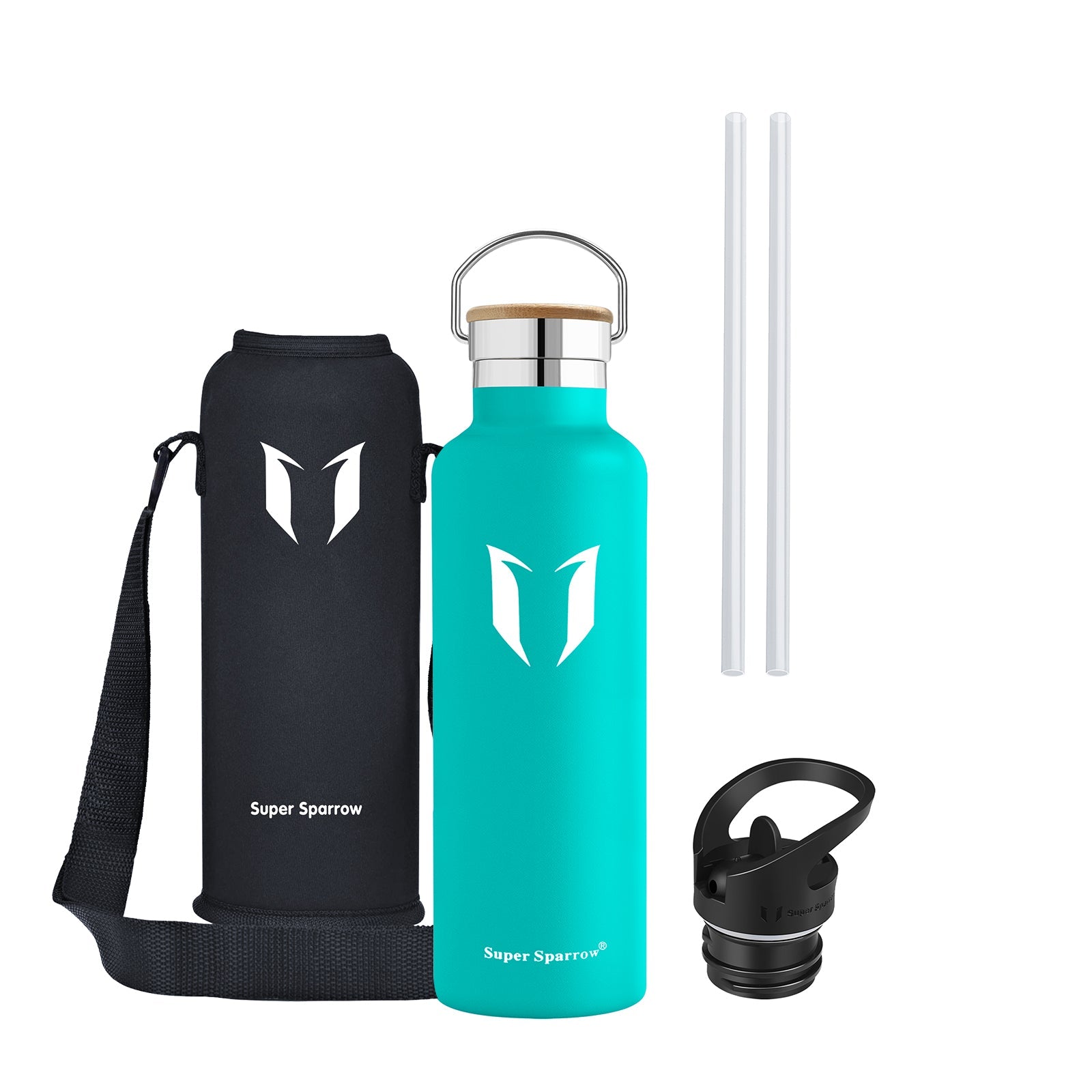 Insulated stainless steel water bottle in sleek design, showcasing two interchangeable caps and a durable finish, perfect for outdoor and gym use.