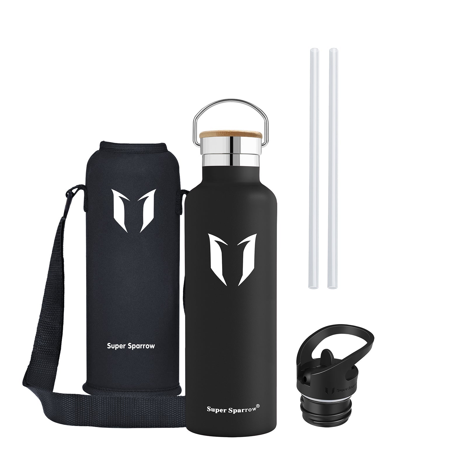 Insulated stainless steel water bottle in sleek design, showcasing two interchangeable caps and a durable finish, perfect for outdoor and gym use.