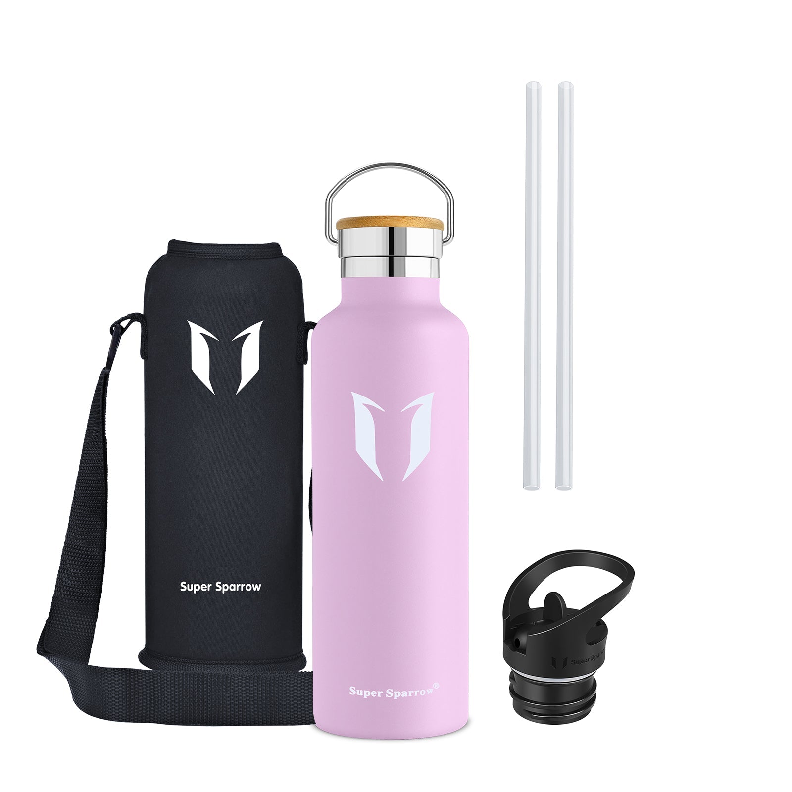 Insulated stainless steel water bottle in sleek design, showcasing two interchangeable caps and a durable finish, perfect for outdoor and gym use.