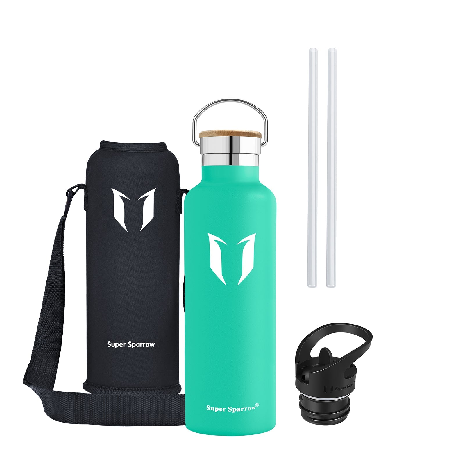 Insulated stainless steel water bottle in sleek design, showcasing two interchangeable caps and a durable finish, perfect for outdoor and gym use.