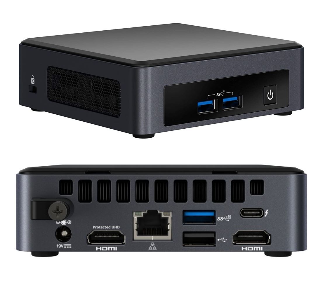 Intel NUC 8 Pro Kit Mini PC showcasing its compact design and multiple ports including HDMI, USB-C, and Ethernet.