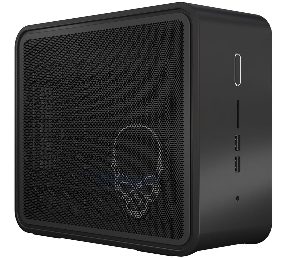 Intel NUC 9 Extreme Ghost Canyon mini PC with i7-9750H processor, showcasing its compact design and multiple connectivity ports.