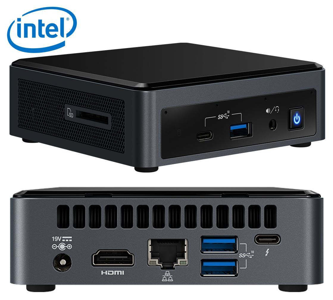 Intel NUC mini PC i3-10110U with multiple ports and compact design, showcasing HDMI, USB-C, and M.2 SSD slots.