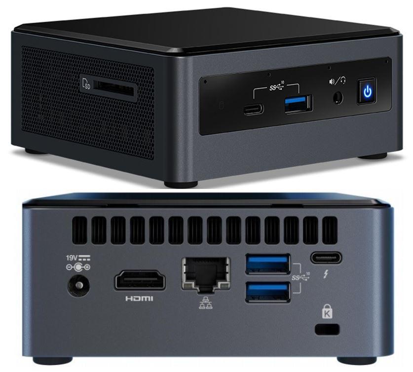 Intel NUC mini PC i5-10210U showcasing its compact design and multiple connectivity options.