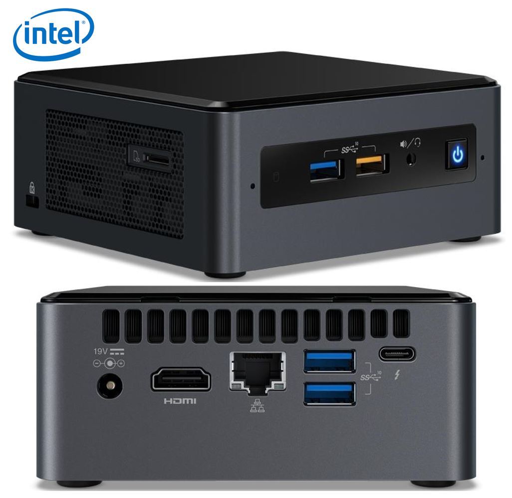 Intel NUC mini PC i5-8259U with multiple ports and compact design, showcasing its sleek form factor and connectivity options.