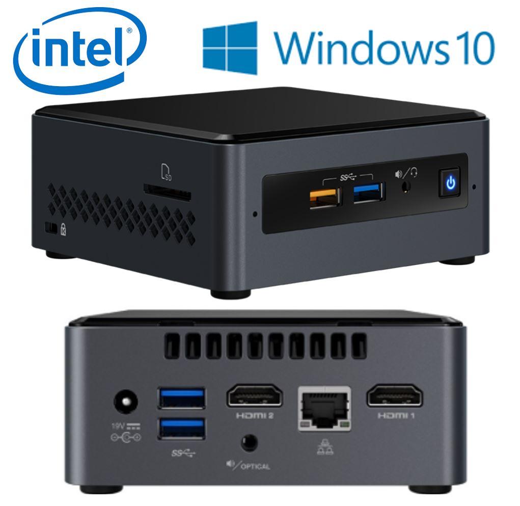 INTEL NUC mini PC J4005 with dual HDMI ports and compact design, showcasing its sleek form factor and connectivity options.