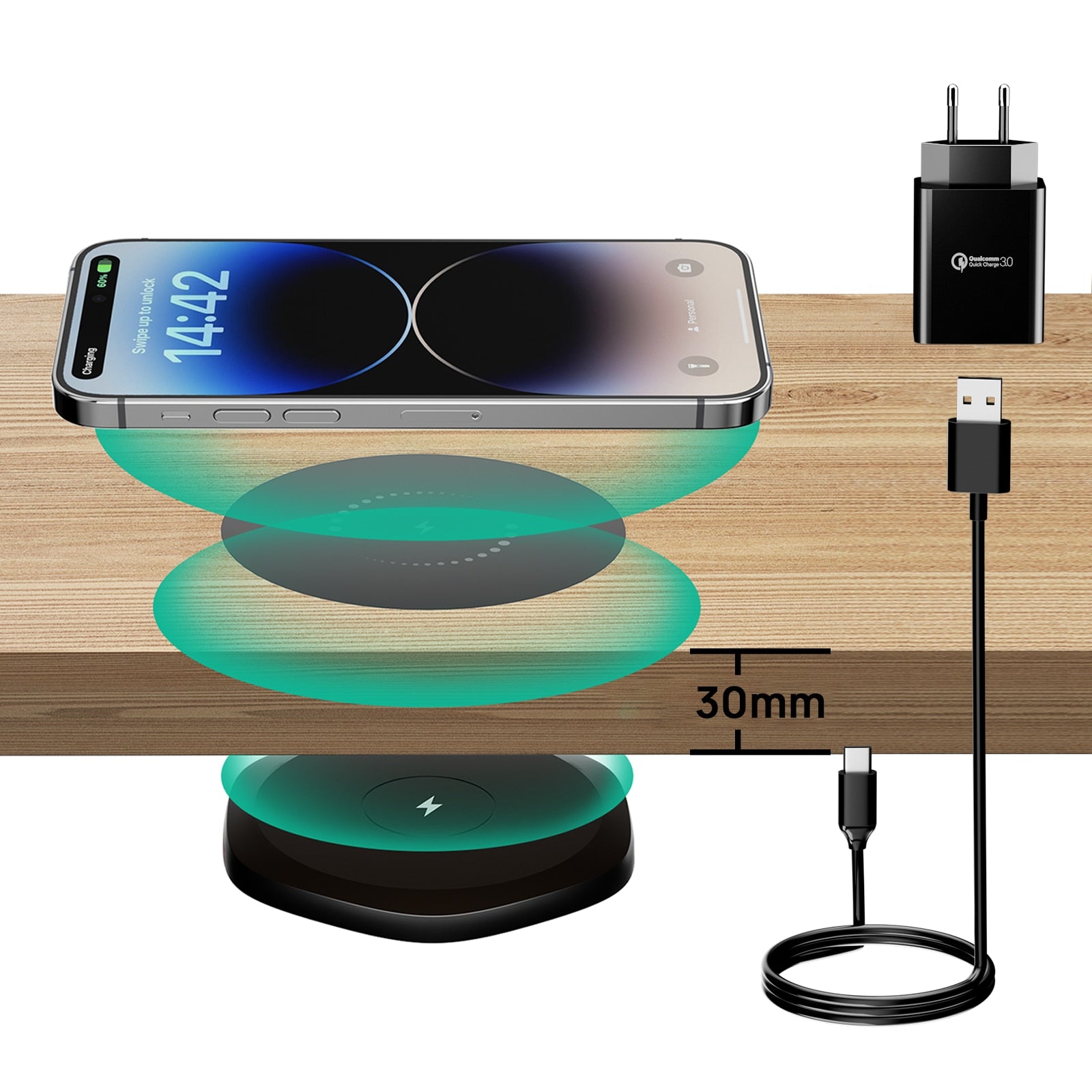 Invisible Wireless Charger designed for under-table installation, featuring a sleek black finish and compact design for efficient charging.