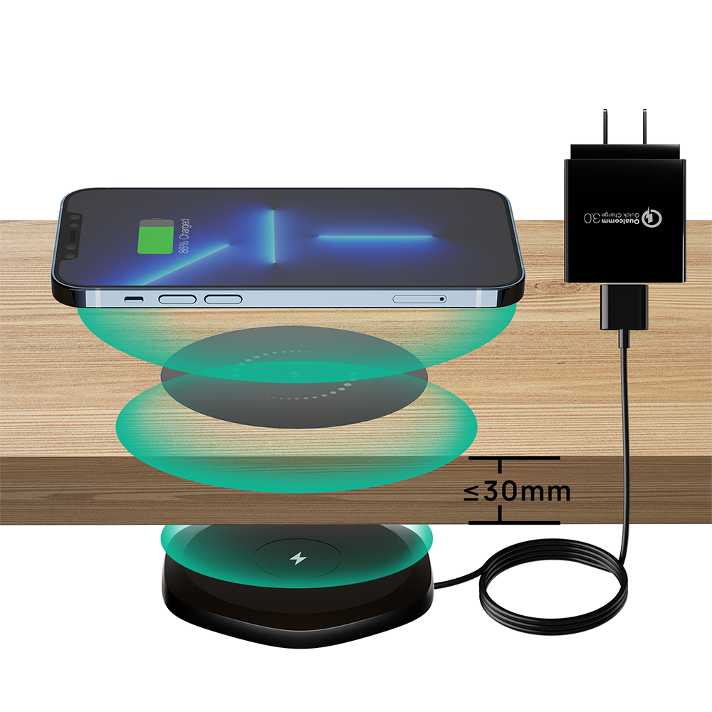 Invisible Wireless Charger designed for under-table installation, featuring a sleek black finish and compact design for efficient charging.