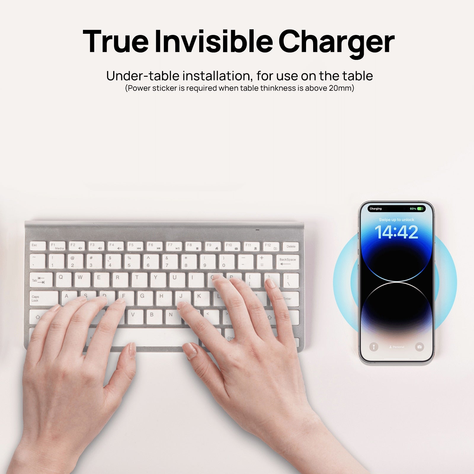 Invisible Wireless Charger designed for under-table installation, featuring a sleek black finish and compact design for efficient charging.