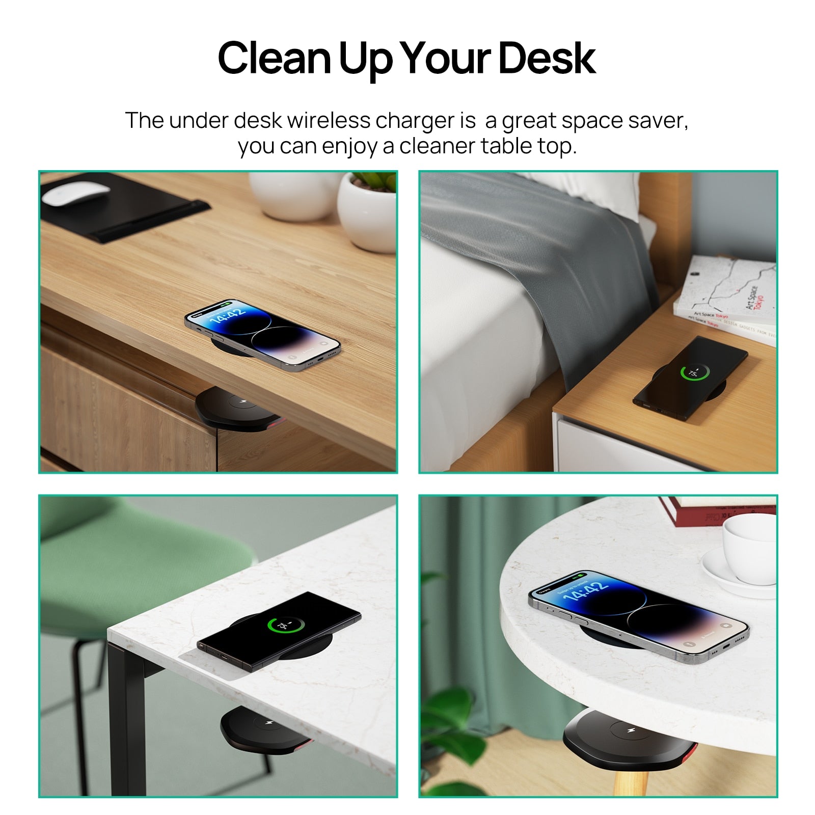 Invisible Wireless Charger designed for under-table installation, featuring a sleek black finish and compact design for efficient charging.