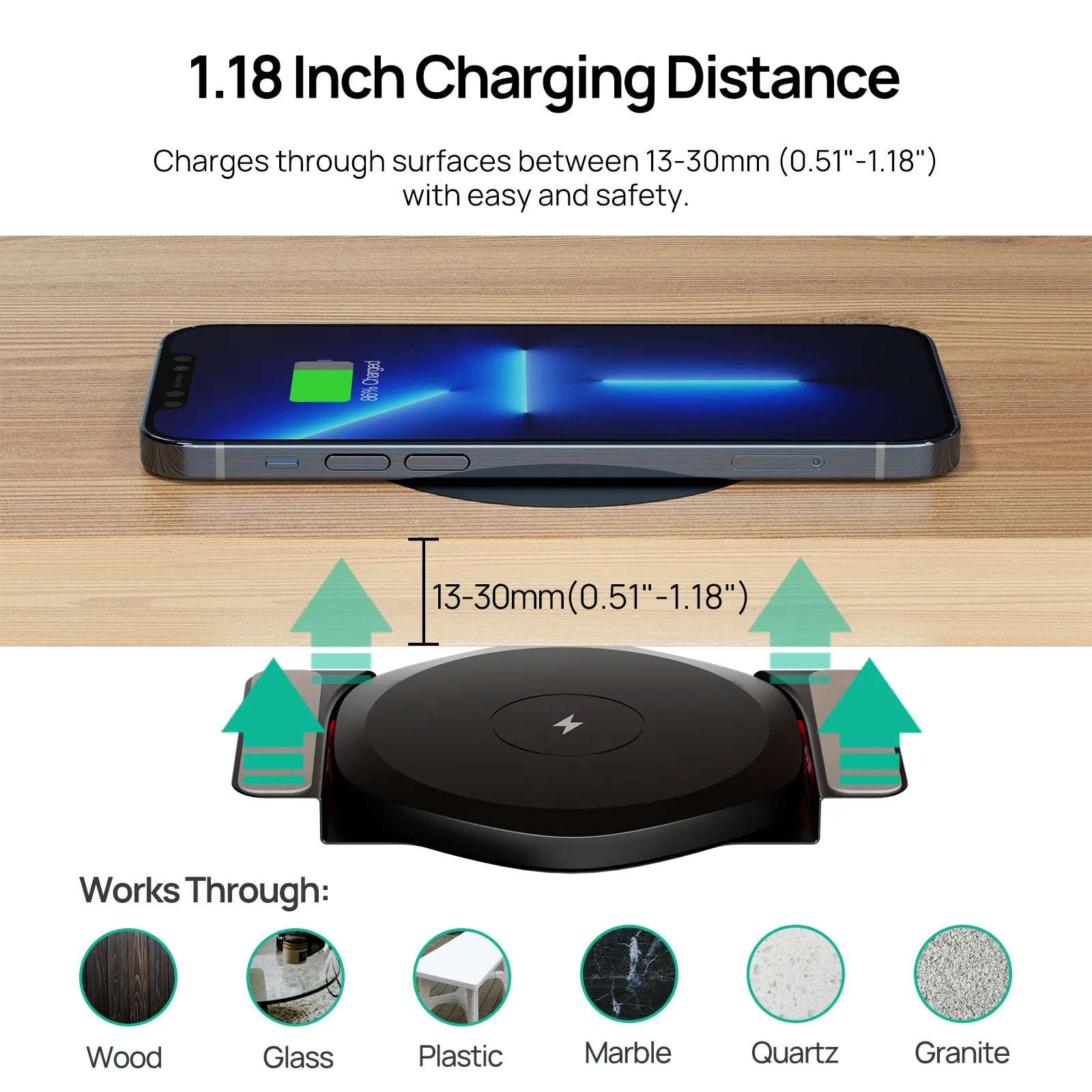 Invisible Wireless Charger designed for under-table installation, featuring a sleek black finish and compact design for efficient charging.