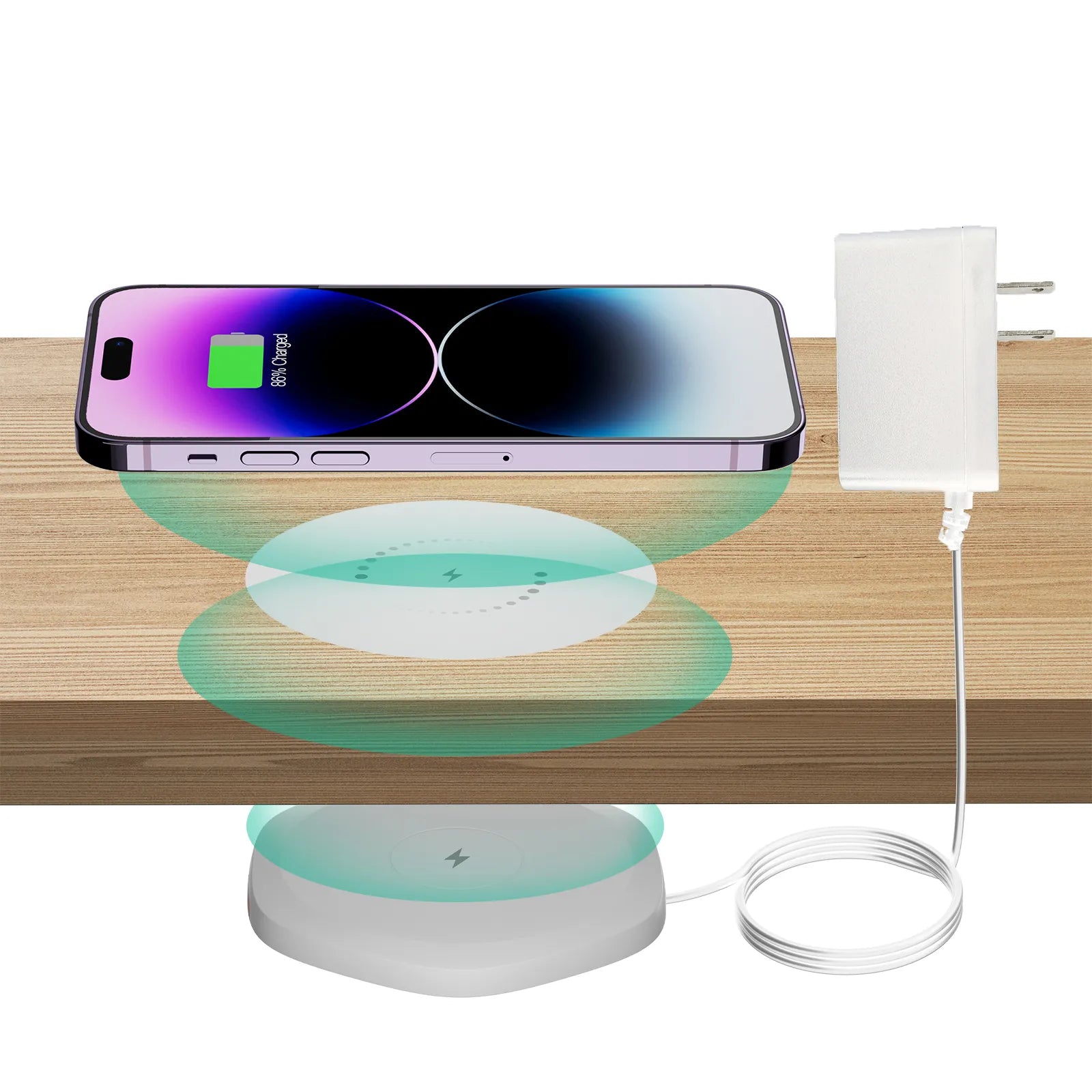 Invisible Wireless Charger installed under a desk, showcasing its sleek design and compatibility with various iPhone models.