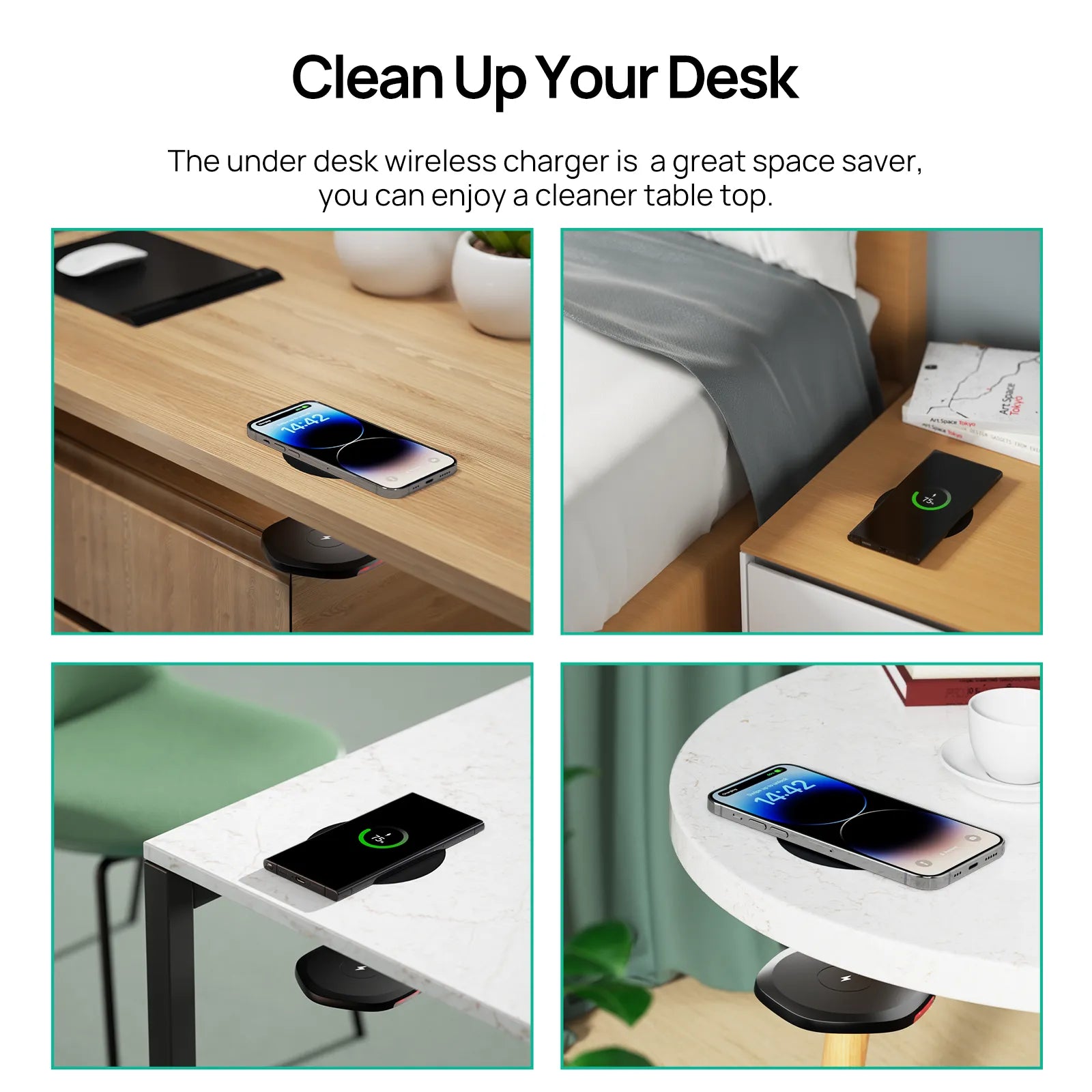 Invisible Wireless Charger installed under a desk, showcasing its sleek design and compatibility with various iPhone models.