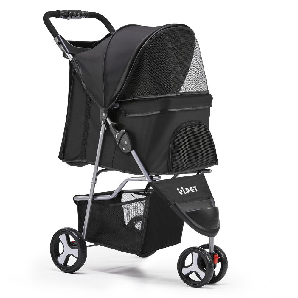 i.Pet 3 Wheel Pet Stroller in Black, featuring a sturdy frame, spacious pet cage, and durable wheels for easy maneuverability.