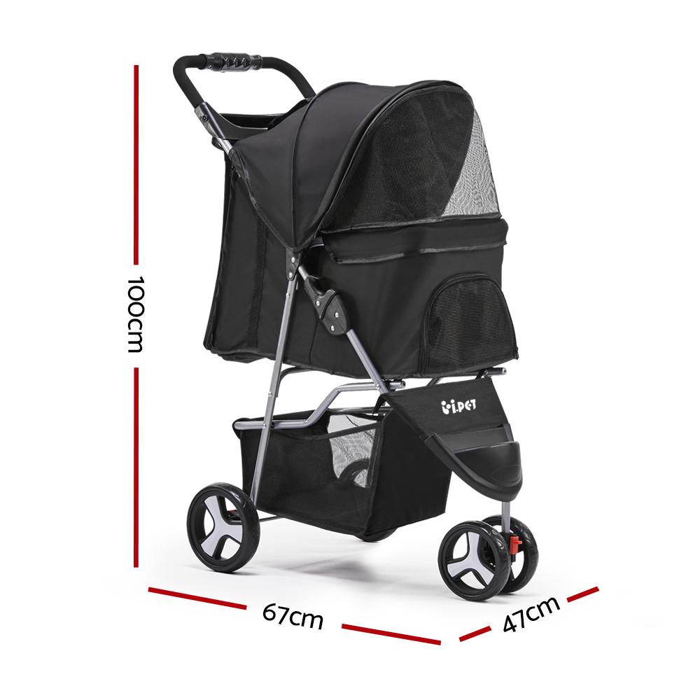 i.Pet 3 Wheel Pet Stroller in Black, featuring a sturdy frame, spacious pet cage, and durable wheels for easy maneuverability.