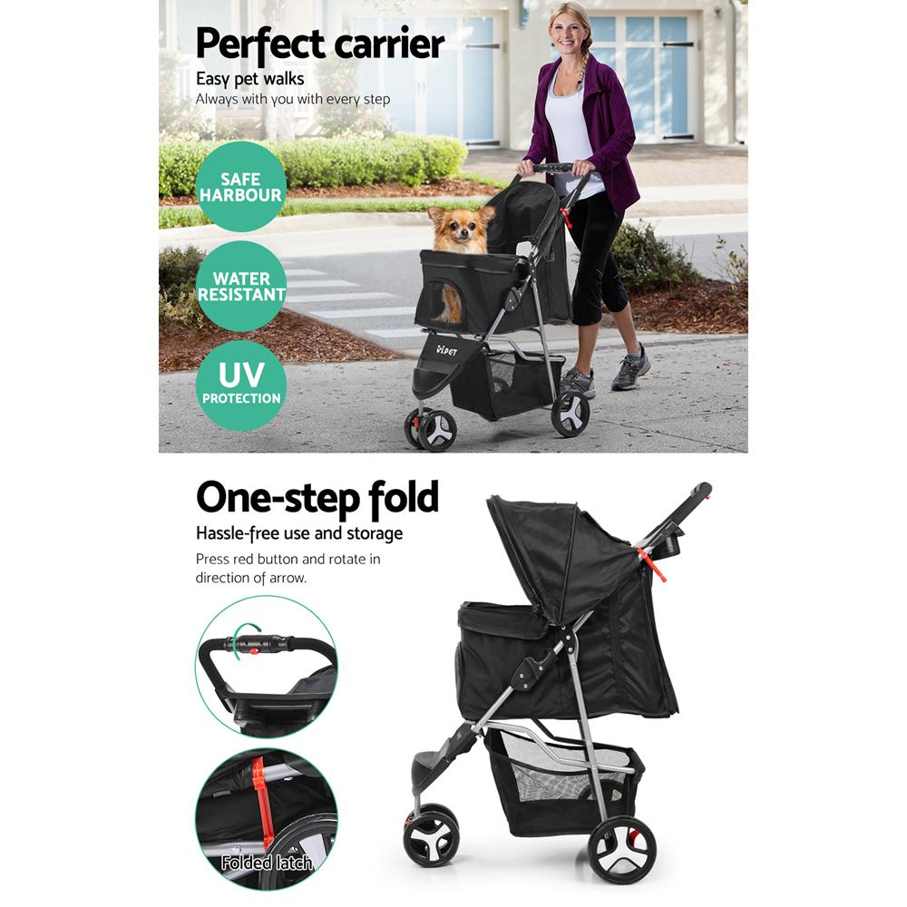 i.Pet 3 Wheel Pet Stroller in Black, featuring a sturdy frame, spacious pet cage, and durable wheels for easy maneuverability.