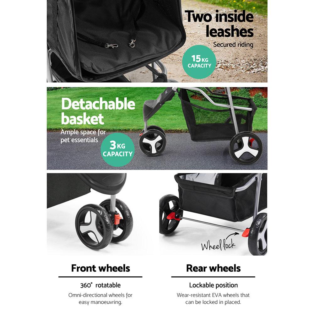 i.Pet 3 Wheel Pet Stroller in Black, featuring a sturdy frame, spacious pet cage, and durable wheels for easy maneuverability.